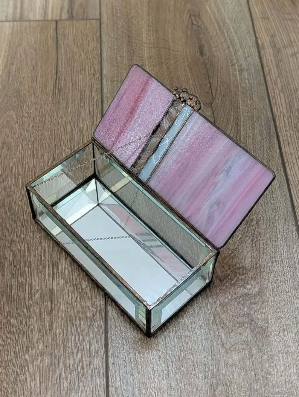 Vintage Stained Glass Jewelry Box with Pink Swirl Art Glass Lid and Mirrored Bot